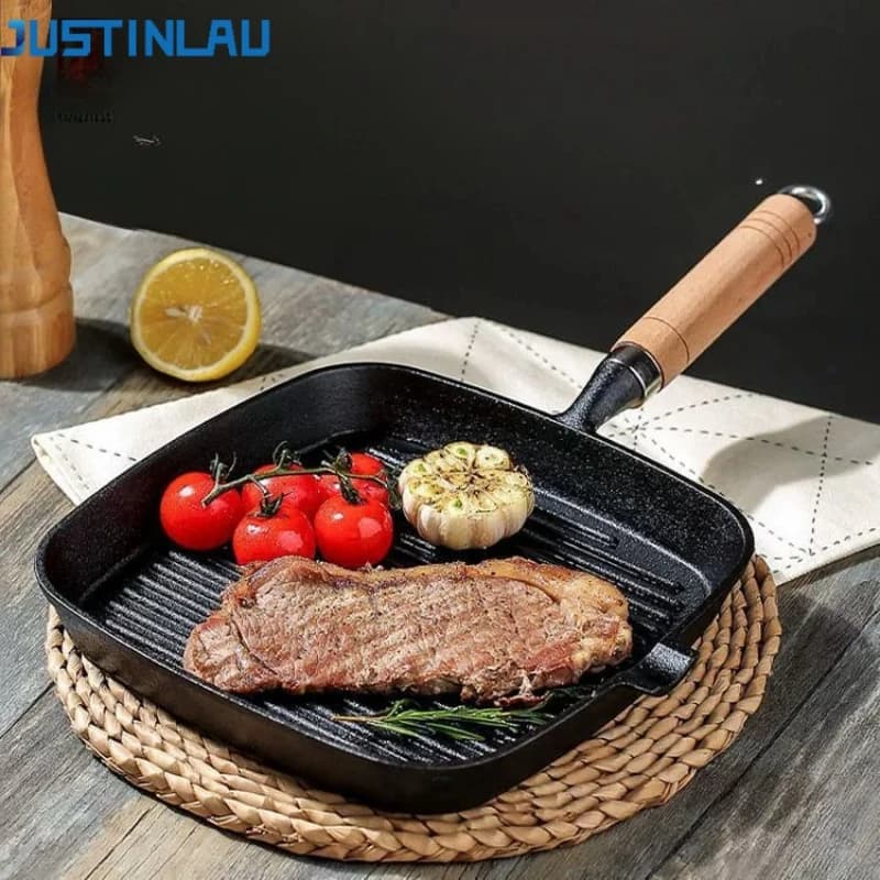 JUSTINLAU Padella Quadrata in Ghisa Non Rivestita con Strisce, Antiaderente, con Beccuccio per Raccogliere il Grasso, per Grigliate Indoor e Outdoor