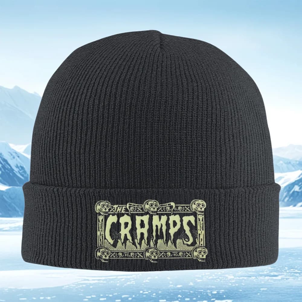 The Cramps logo skull bones design Men Women Unisex Knitted Hat Beanie Pullover Cap Winter Thermal Warm Christmas Outdoor Cyclin