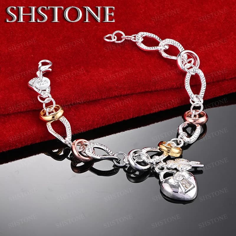 925 Sterling Silver AAA Zircon Heart Lock Clover Flower Chain Bracelet For Women Party Engagement Wedding Charm Nice Jewelry