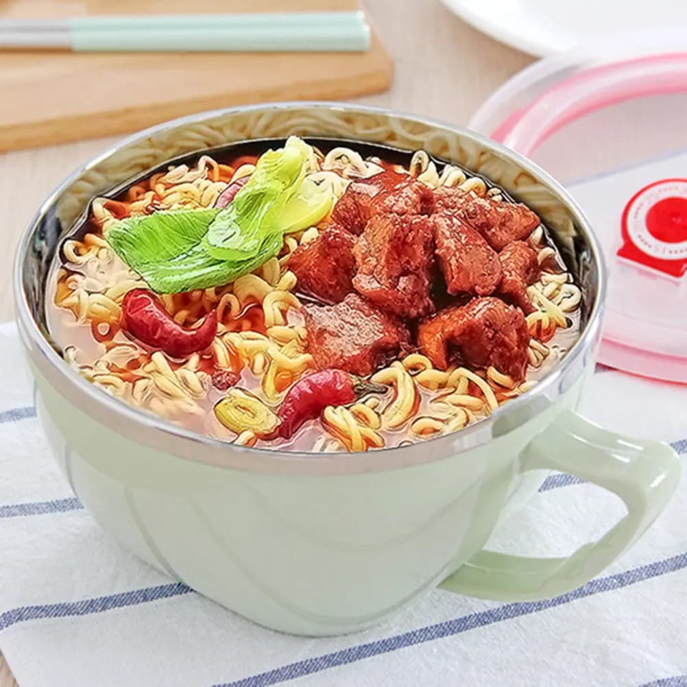 Ciotola per Noodle in Acciaio Inox con Manico Verde e Coperchio, Contenitore per Zuppa, Lunch Box Isolato con Chiusura Ermetica e Anello in Silicone