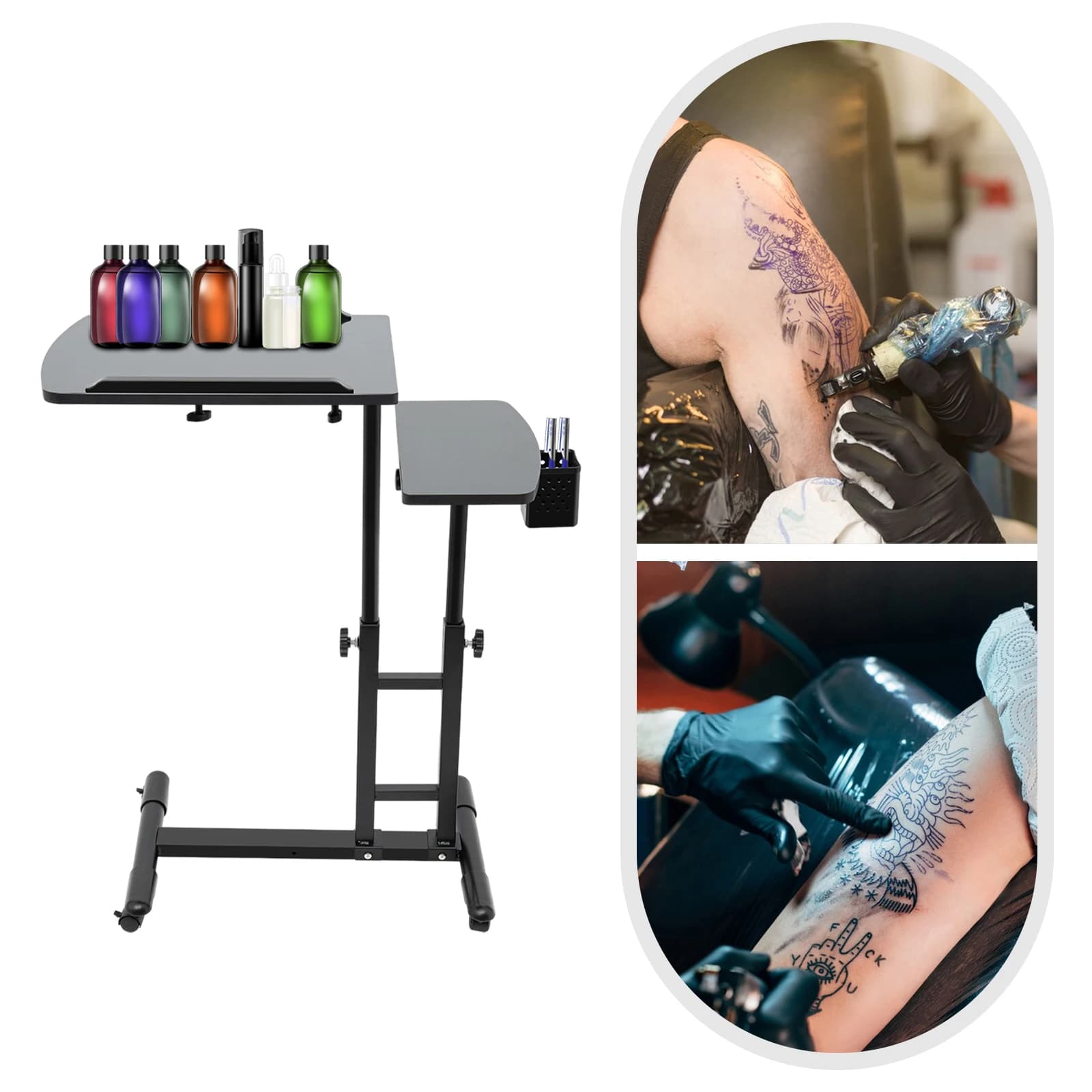 Portable Table for Tattoos, Workplace for Tattoos on Wheels, Stabile Iron Base, Adjustable 57.5-90cm