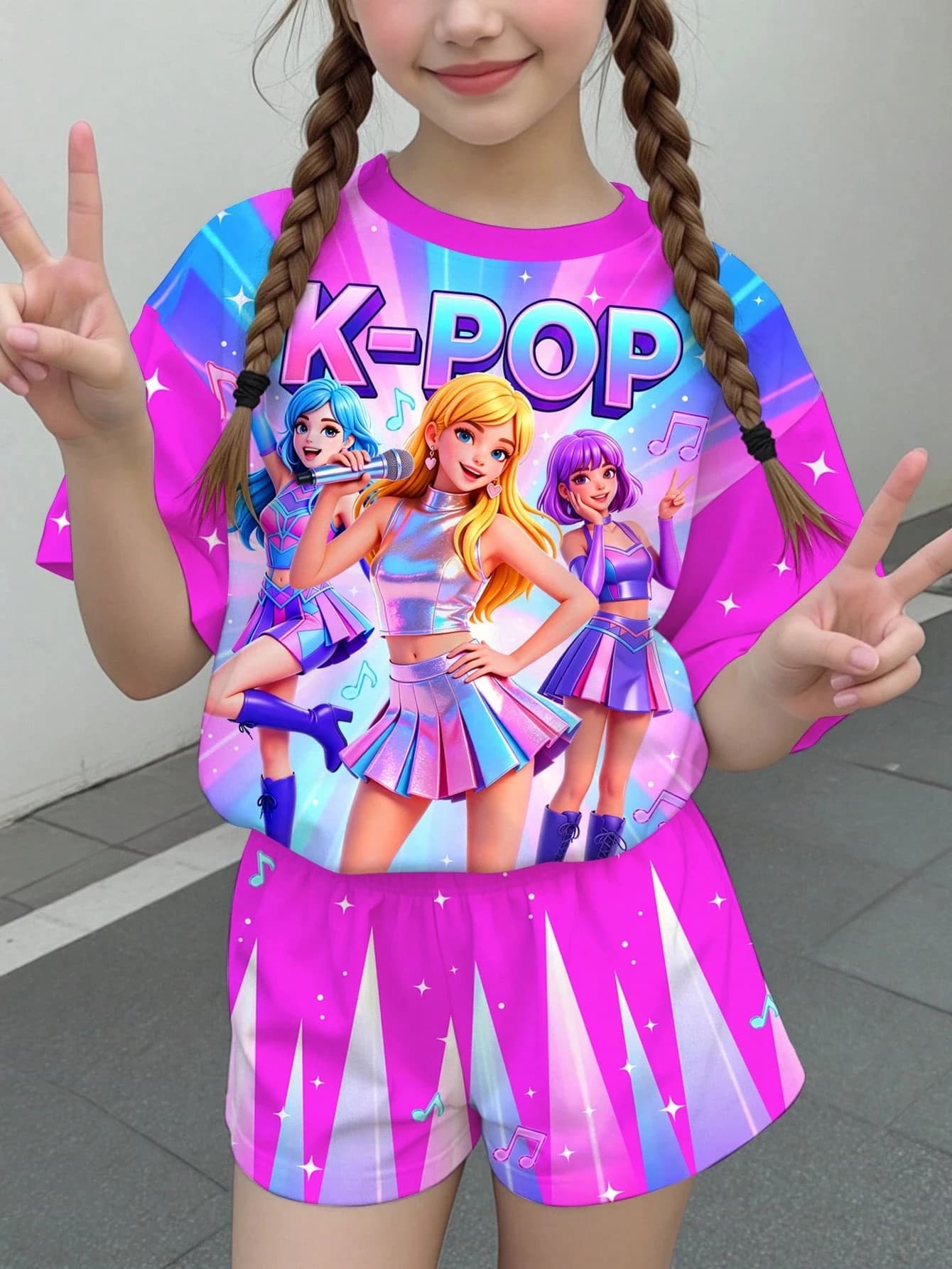 Little Girl Pink Gradient K-POP Idol Star Music Note Printed T-shirt with Shorts 2-piece Cute Concert Children's Set