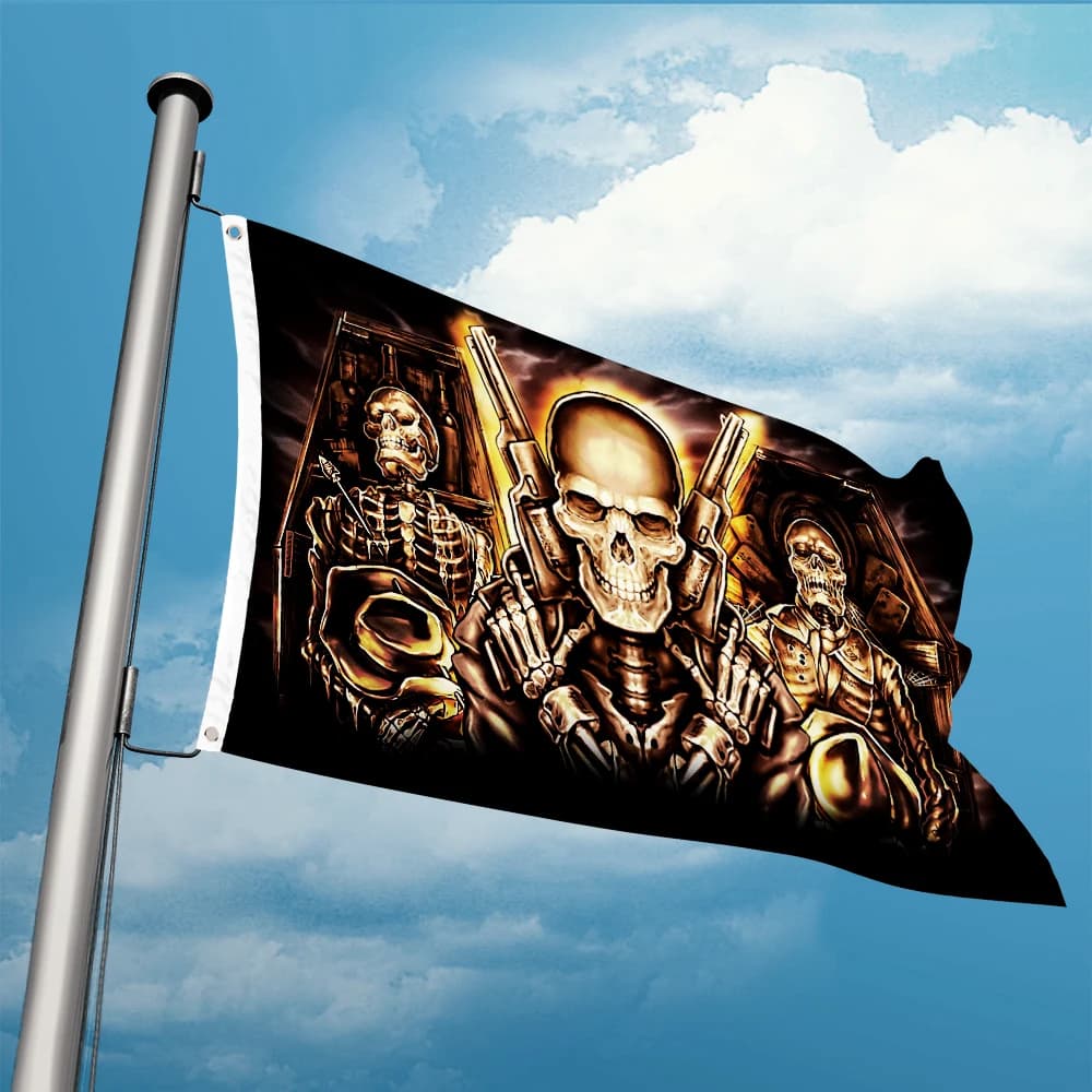 The Evil Double Guns Teschio Freccia con bandiera a cuore Motociclista 3 piedi x 5 piedi Banner in poliestere volante 150 * 90 cm Personalizzato per esterni