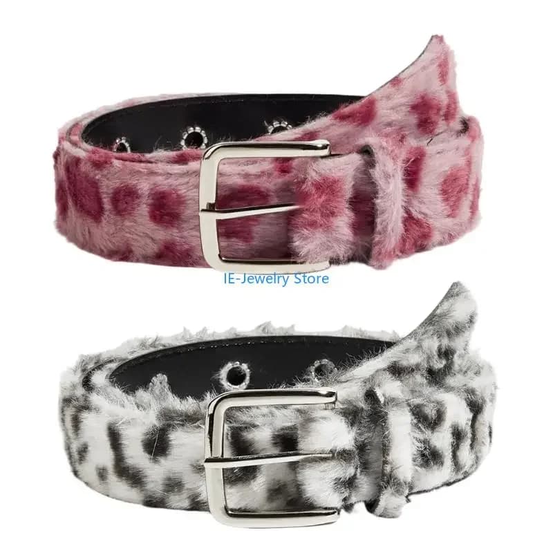 W8KF Leopard Print Furry Belt For Women And Men Soft Elastic Waistband With Secure Closure For Jeans Dresses