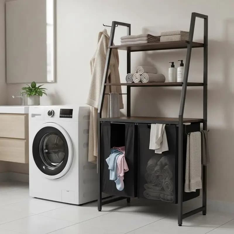 Consolle per lavanderia a 4 livelli 17.1"x13"x55.1" per bagno, camera da letto, dormitorio, con doppie borse in tessuto Oxford, scaffale a scala, ganci per organizzazione e stoccaggio, struttura in metallo, design verticale