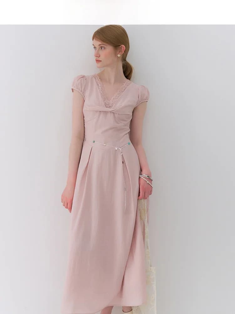 Elegant Lace V-neck Dress Women's Summer 2026 Slimming Waist A-line Skirt Short Sleeve Skin-friendly Breathable Casual Wear
