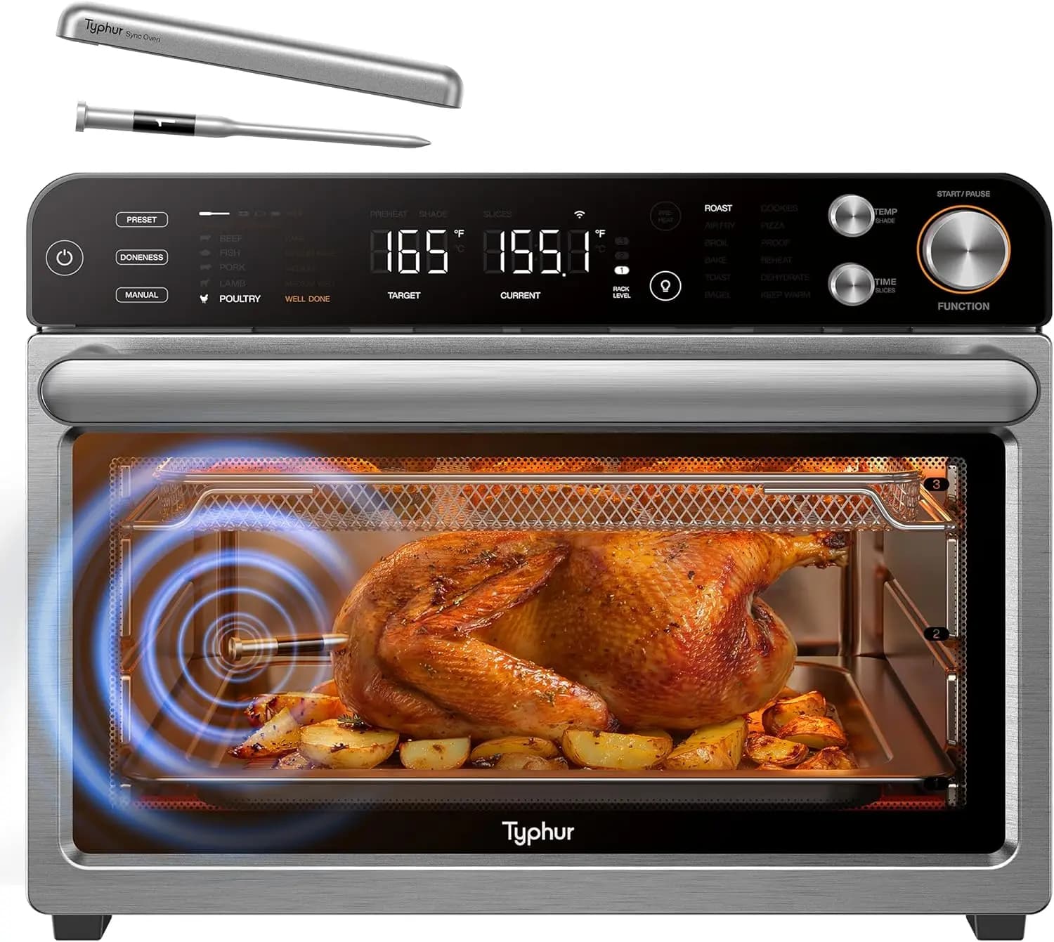 Termometro Intelligente AI Wireless per Carne con Sonda, Forno Combinato da Appoggio 27QT 12-in-1 con Friggitrice ad Aria, Tostapane e Deidratatore a Convezione 360 Turbo