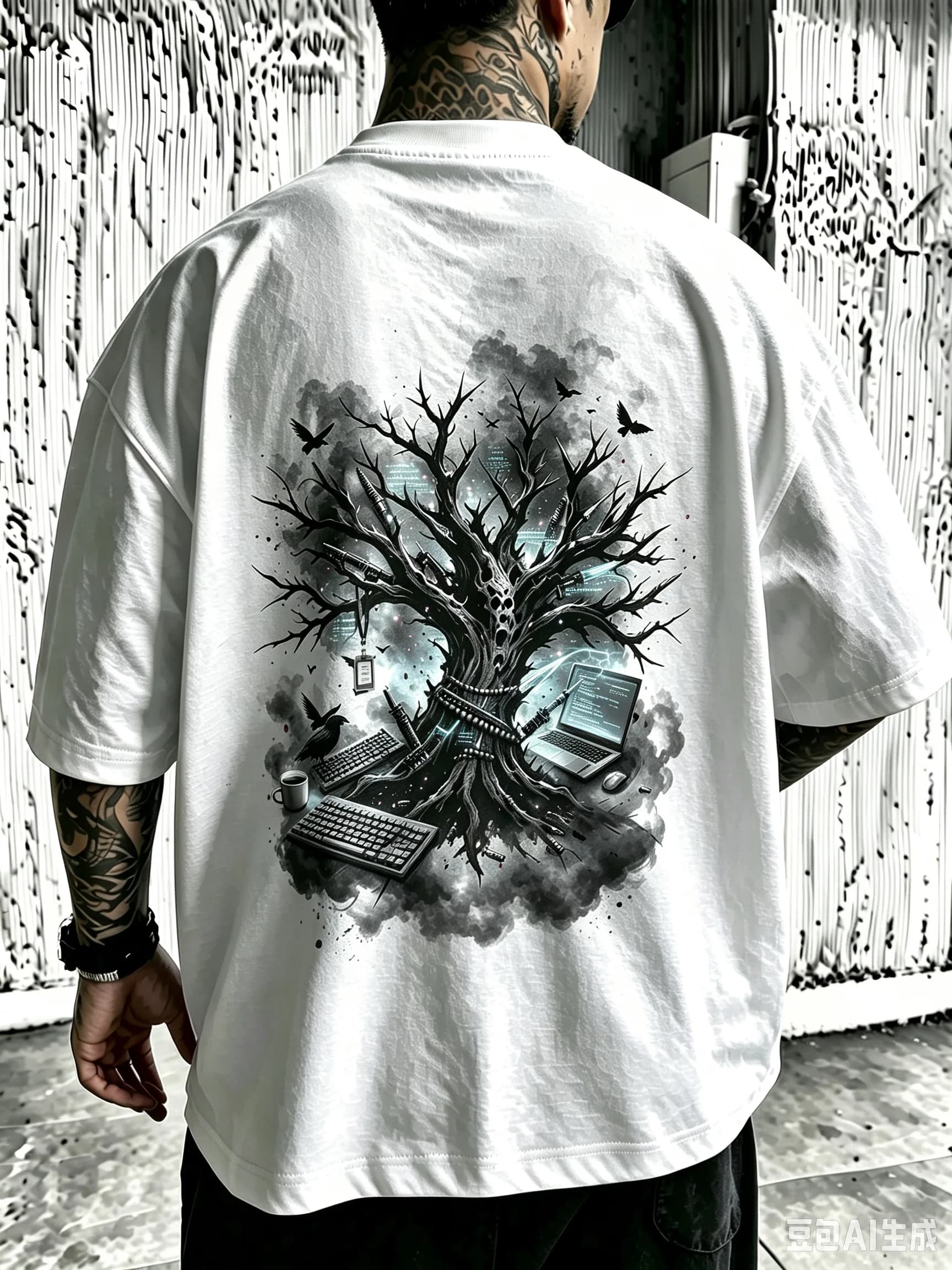 Men Women Unisex Oversized Cotton T-Shirt, Cyberpunk Hacker Dead Tree Laptop Keyboard Crow Code Back Print Tee, Dark Tech Gothic Theme Street Fashion Casual Short Sleeve Tops