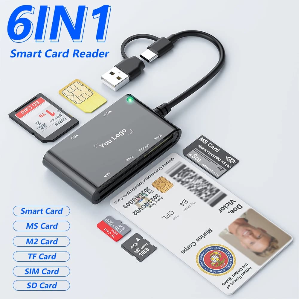 Lettore di schede multifunzione intelligente 6 IN 1 Lettore di schede bancarie per schede di memoria Smart/MS/M2/TF/SIM/SD per trasferimento PC portatile