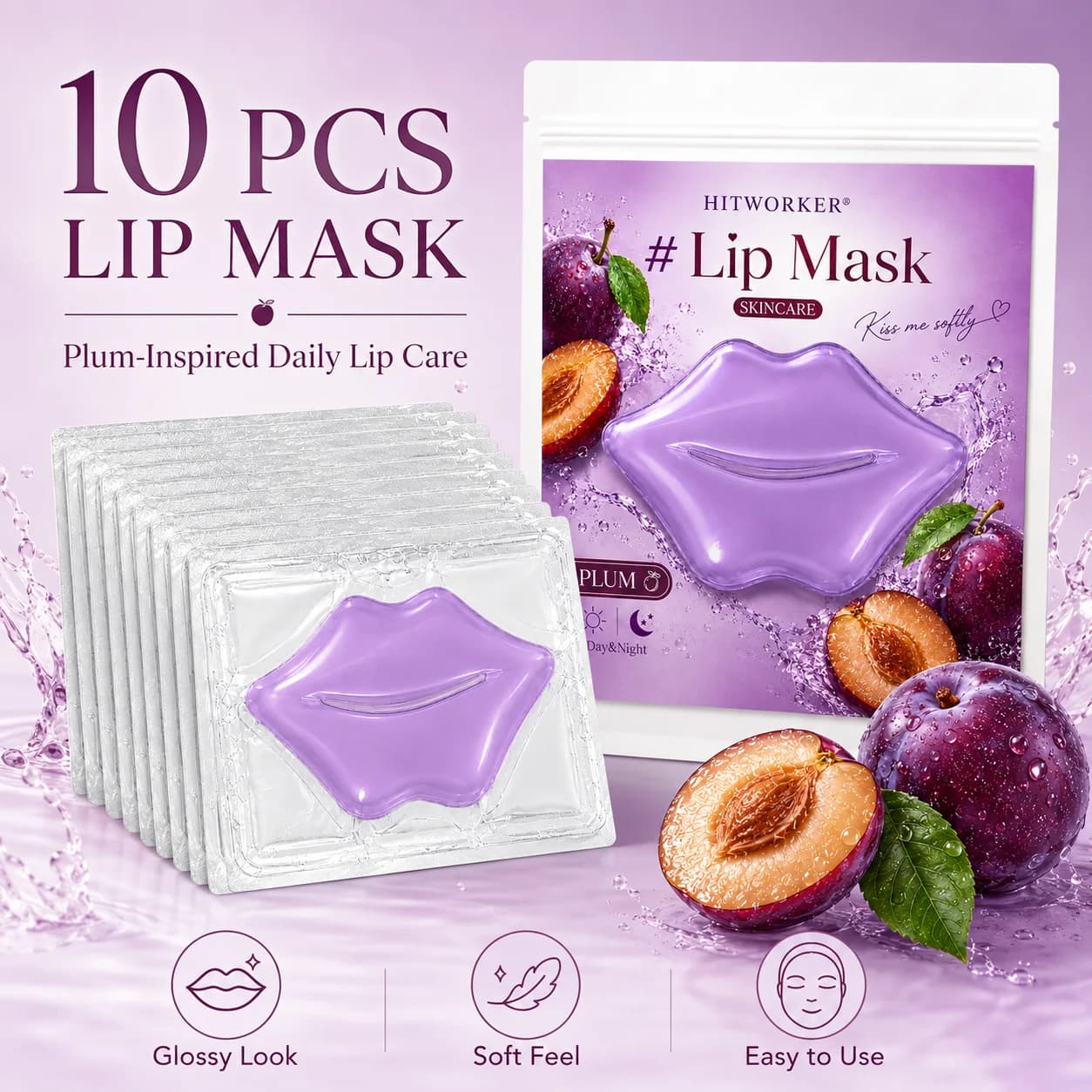 10Pcs Grape Lip Skincare Masks, Soft-Touch Purple Lip Care Patches for Daily Beauty Routine, Self-Care and Travel