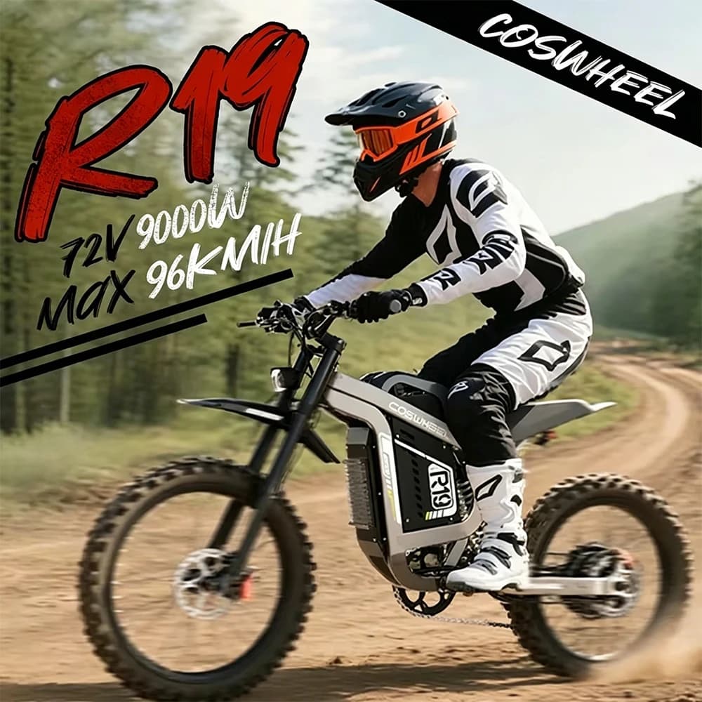 Bicicletta elettrica Coswheel R19 con motore da 6000W, batteria 72V 40AH, autonomia di 124 miglia, e-bike per fuoristrada.