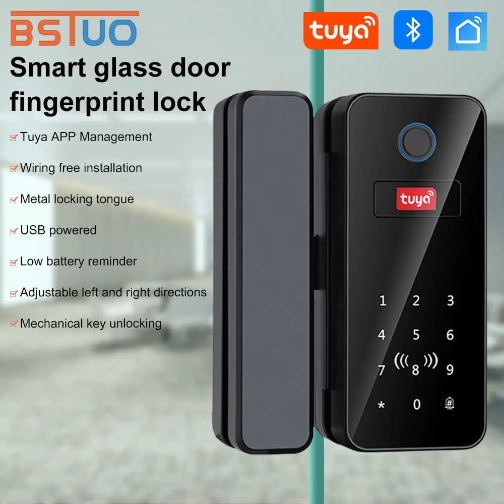 BSTuokey Serratura per porta in vetro intelligente multifunzionale Impronta digitale biometrica con cifre App Tuya Chiave remota Serratura per porta digitale intelligente elettrica