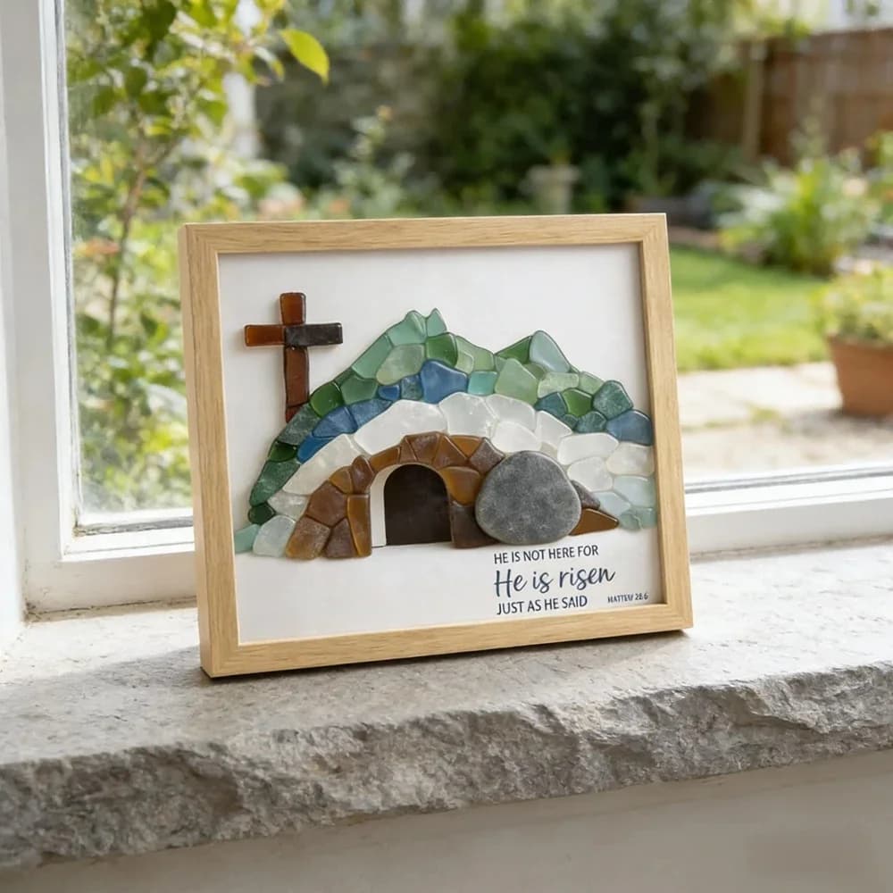 New Easter Gift in Marine Glass, Cross Ornament Made to Hand, Decoration for Tombs, Wood Frame for Photo, Decorative Gifts
