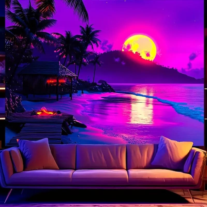 Vibrant Beach Nightscape Neon Tapestry,UV tapestry wall hanging bedroom home party decoration