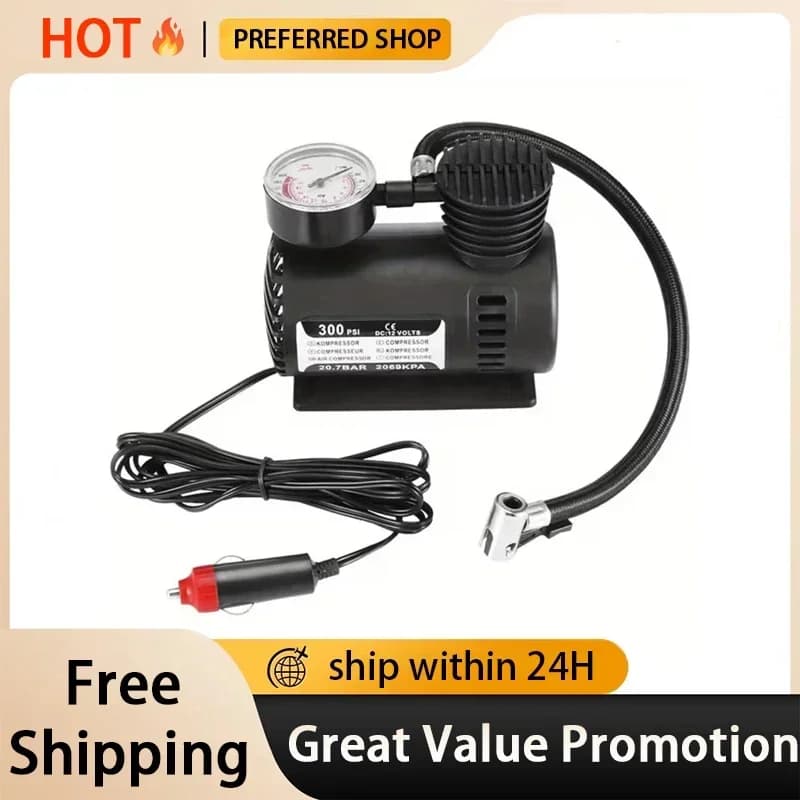 Pompa Elettrica per Gonfiaggio Pneumatici Auto 12V, Mini Compressore Portatile con Accessori Speciali