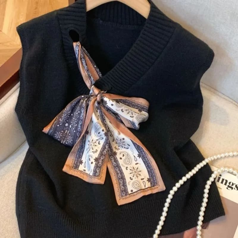 Gilet lavorato a maglia autunno inverno donna scollo a V fasciatura fiocco senza maniche Y2k maglione coreano stile preppy moda sovrapposto crop top