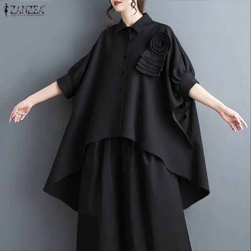 ZANZEA Camicia da donna Oversize Primavera Estate Camicetta con fiori 3D Collo con risvolto Camicie asimmetriche Bottoni femminili Top Manica a 3/4 Blusas