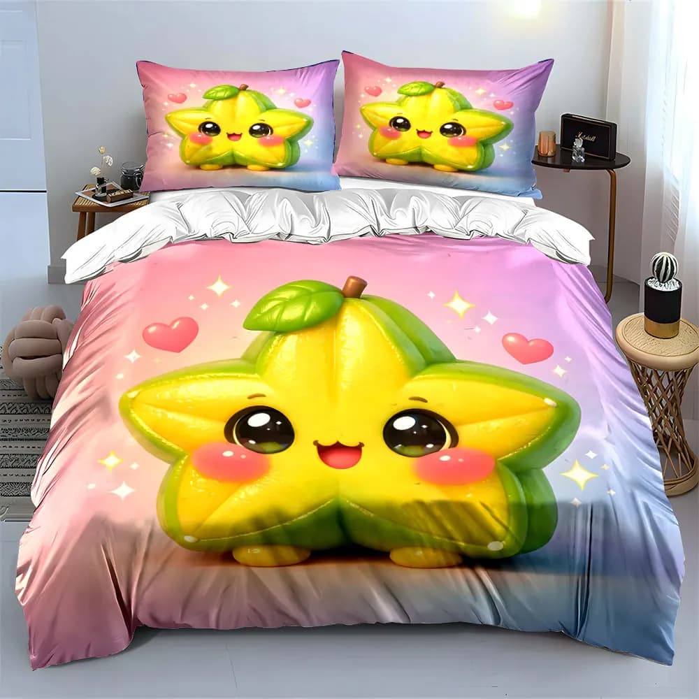 Adorabile set di biancheria da letto con stampa di frutta a forma di stella, morbido e confortevole, include 1 copripiumino e 2 federe.