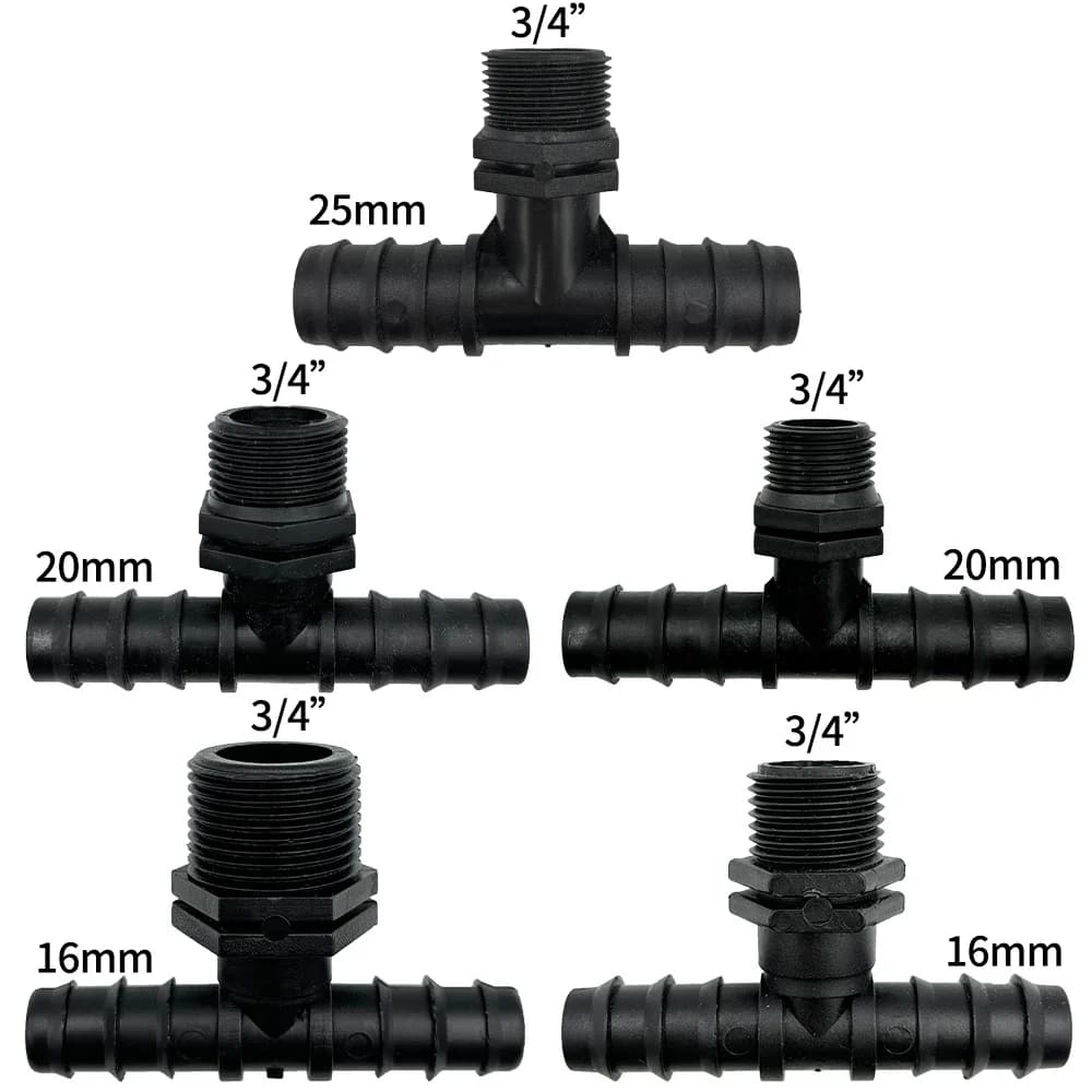 4PCS 1/2 "3/4" Threaded 16 20 25MM PE Tube Barb Tee Connector Pipes Adapter Garden Joints Drip irrigation Joint Repair joint