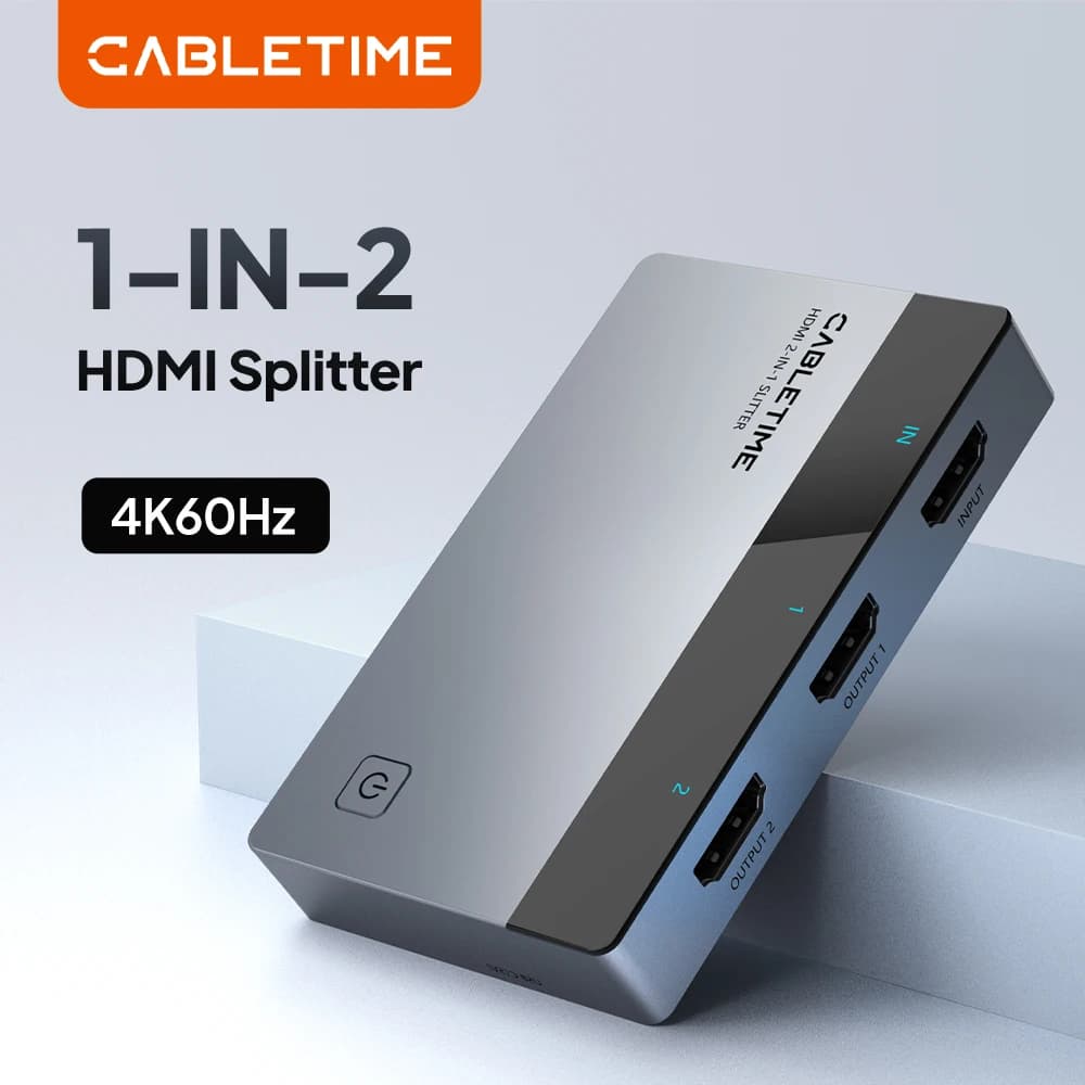 CABLETIME 1 IN 2 4K60Hz Splitter HDMI Uni-Direction Splitter schermo luce LED per TV Monitor computer Laptop Switch PS3/4/5