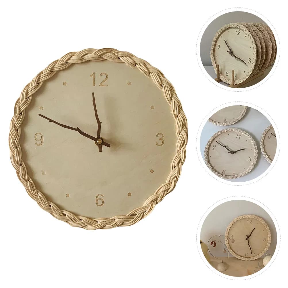 Rattan Wall Clock Braided, Silent, Quartz Movement, Pastoral Style, Round, Decorative for Bedroom, Living, Home