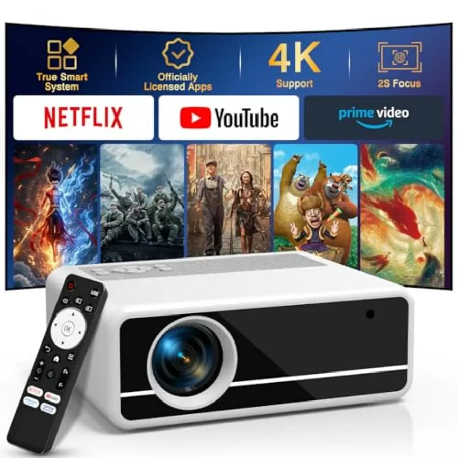 Smart 4K projector with WiFi, Bluetooth, Automatic Keystone Correction, Rapid Fire 2S, External Portable Projector for Gaming and Phone