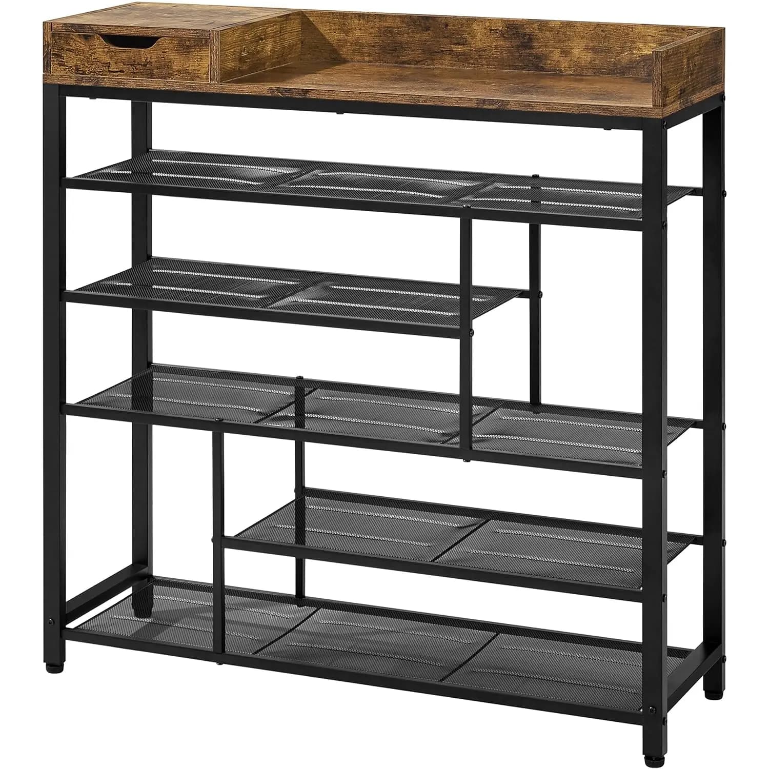 Rustic Brown Wooden Shoe Rack with Storage Box & Tiered Iron Mesh Shelves, Entryway Organizer, Raised-Edge Tabletop, Customized