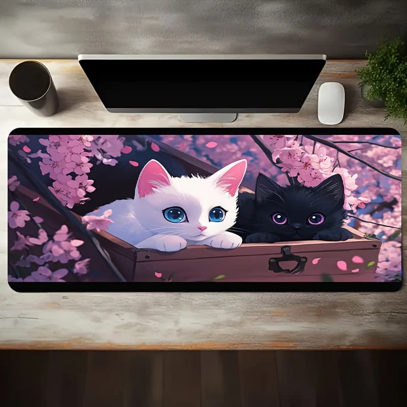Tappetino per mouse Esports con simpatico gatto in cassa di legno - Grande tappetino da scrivania da gioco lavabile e antiscivolo con fiori rosa