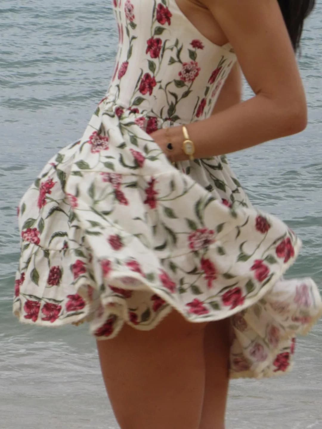 Early Spring 2026 Women Beaded Tank Dress Red Floral Print Square Collar Sleeveless High Waist Holiday Style Linen Mini Robe