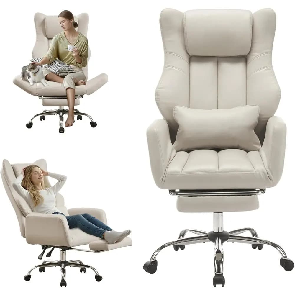 Sedia direzionale ergonomica in pelle con poggiapiedi, braccioli regolabili, supporto lombare e 135 ° Reclinabile per ufficio o casa (Beige