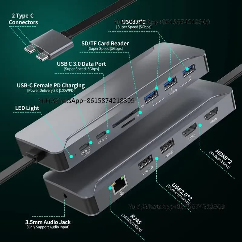 Hot Selling Dual Display Screen Type C to 4K30HZ HDMI RJ45 3.5mm Jack 5 USB Hub Docking Station 5 Hub Usb C Dock for book