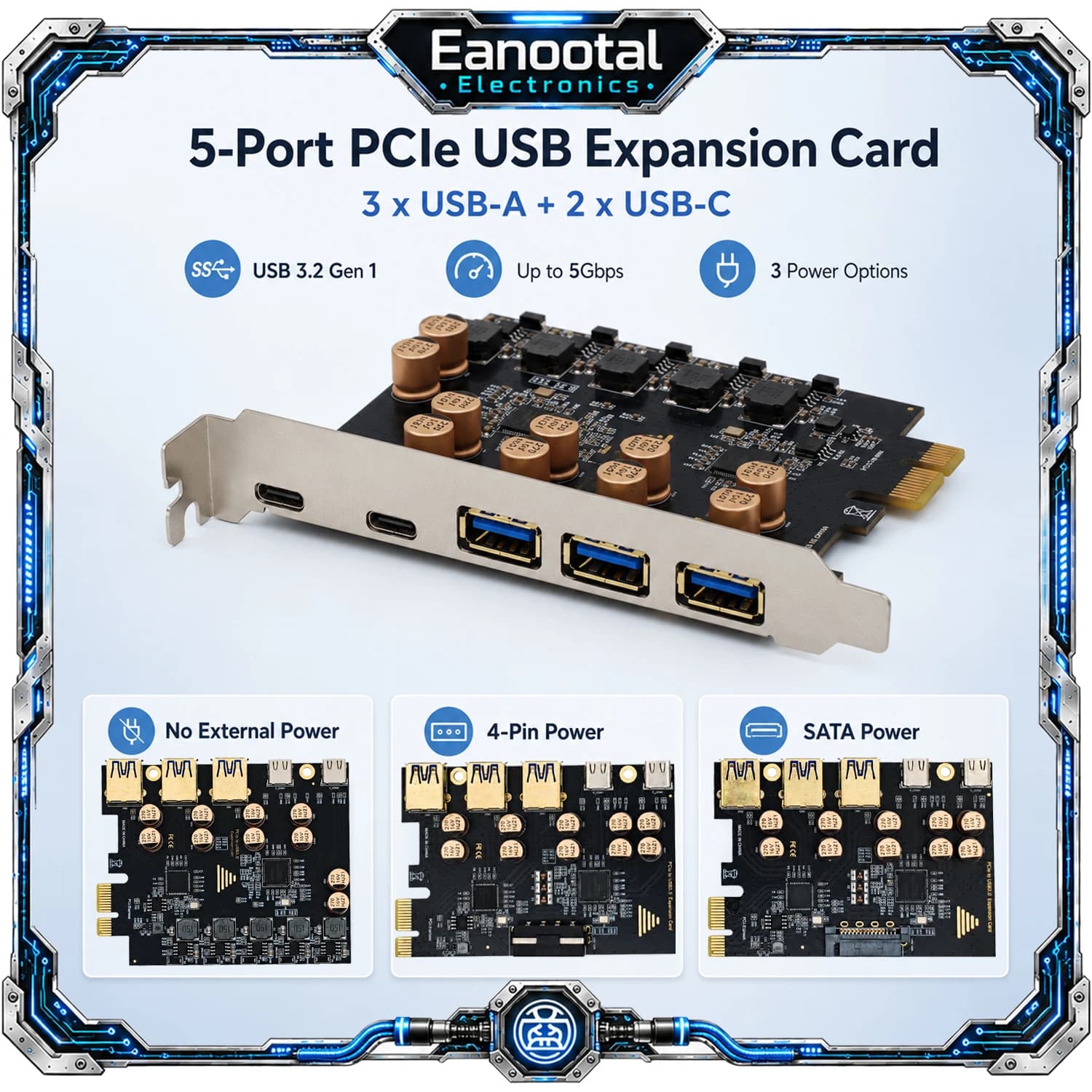 PCIe X1 to 5 Port USB 3.2 Gen 1 Expansion Card 3 USB-A 2 USB-C 5Gbps Adapter for Desktop PC