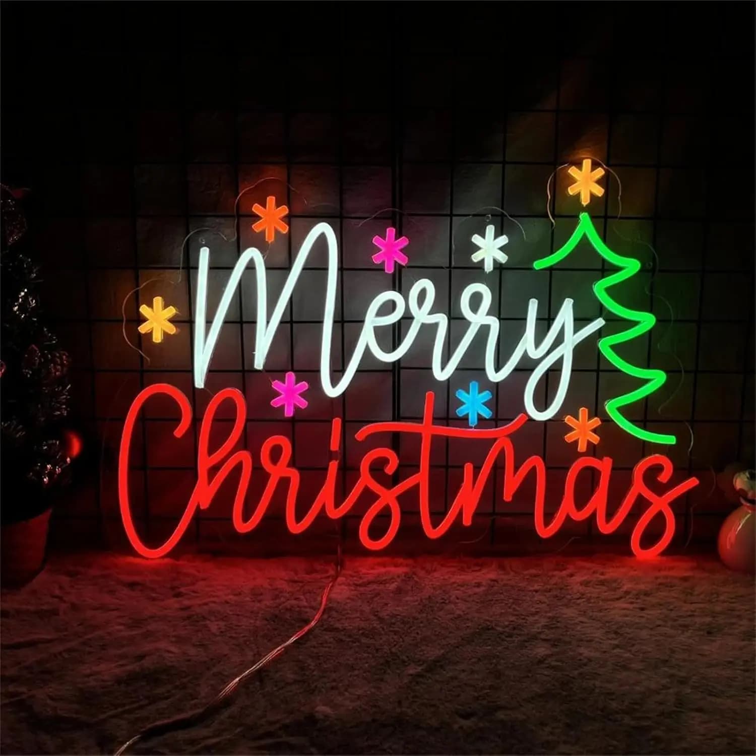 Insegna al neon di buon Natale con stelle colorate e albero Lampada da parete a LED per la casa, vetrina, decorazioni per feste, idee regalo festive