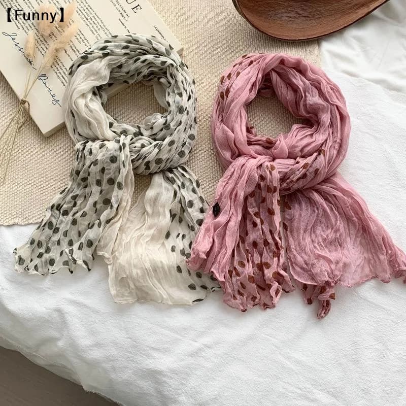 〔Funny〕Women Cotton Linen Scarf Wrinkle Twisted Scarf Female Headscarf Korean Versatile Trend Pleated Shawl Scarf