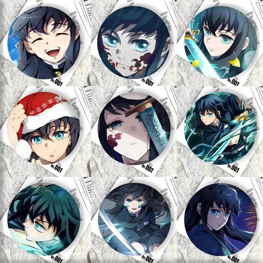 Round pin in tin with anime characters T-Tokito M-Muichiro, accessory for clothes and backpacks, twisted badge
