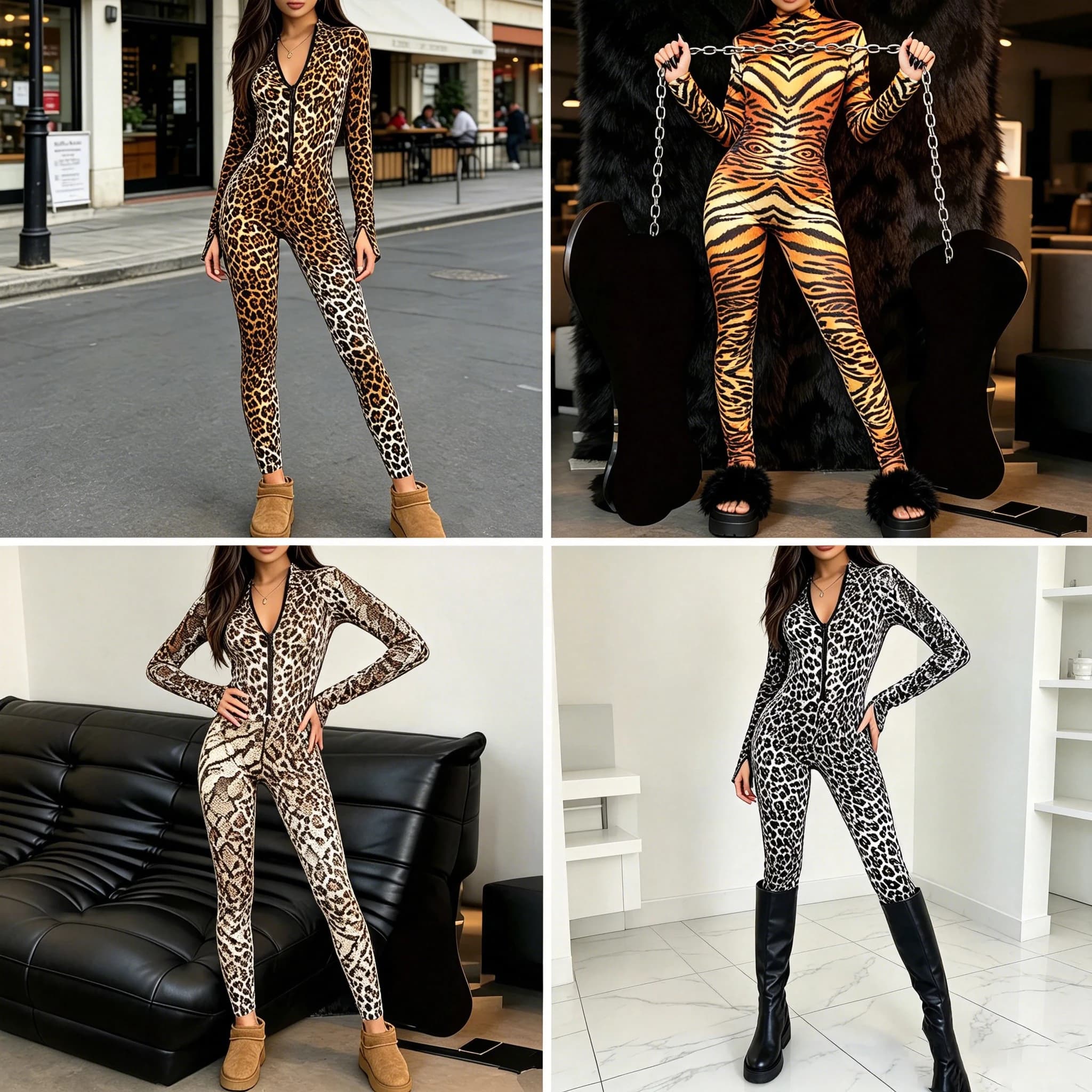 New 2026 Sexy Leopard 3D printing Jumpsuit Women Tight Stretchy Zipper Full Length Pencil Pants Trousers Rompers Long Sleeve