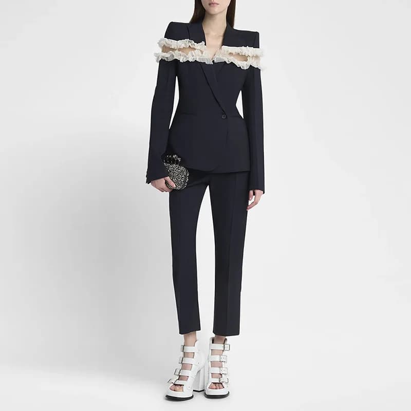 HIGH STREET Latest 2026 Designer Suit Set Women's Gauze Patchwork Blazer Pants Set 2pcs