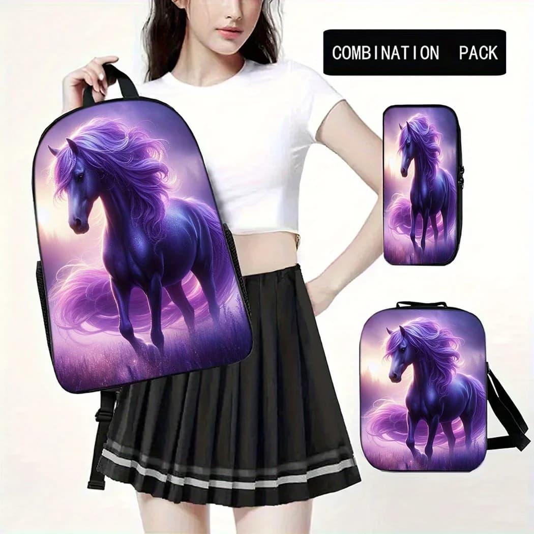 Set of 3 Horse Design Spacious Oxford Fabric Travel Bag Featuring a Laptop Section, Unisex School Backpack Including a Pencil Ca