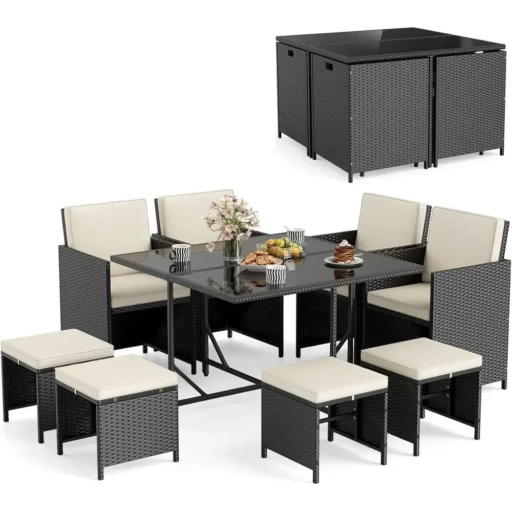 9-Piece Patio Dining Set: Rattan Chairs, Tempered Glass Table, Ottoman, Space-Saving Wicker Sectional with Cushions for Outdoor/