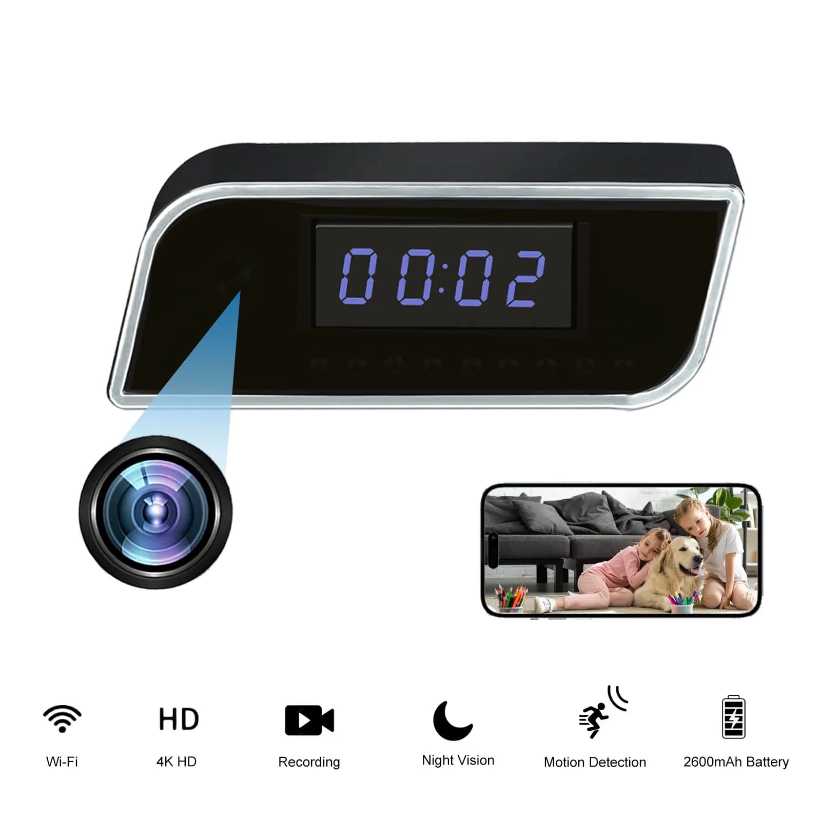 Telecamera con orologio intelligente 4K con WiFi, rilevamento del movimento, visione notturna, visualizzazione remota, archiviazione su scheda SD: sicurezza domestica e baby monitor