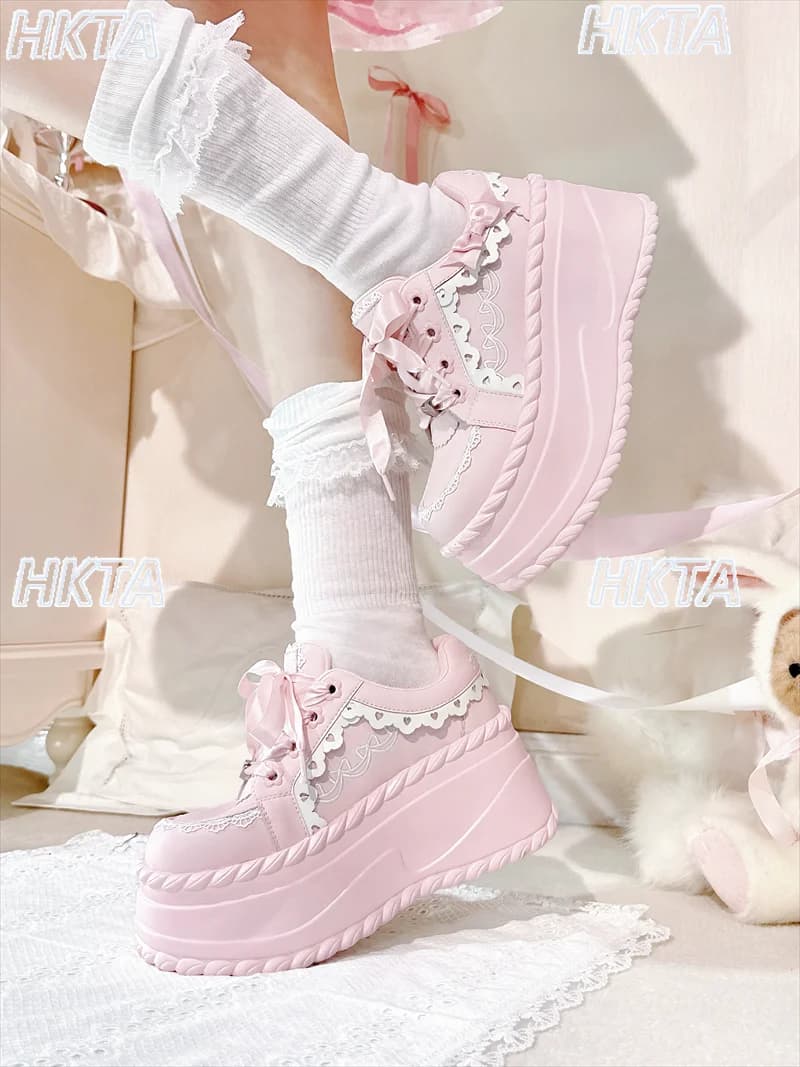 Sweet Lace Stitching Bow Strap Everyday Versatile Platform Sneakers Shoes Ladies Autumn Winter New Round Head White Shoes Women