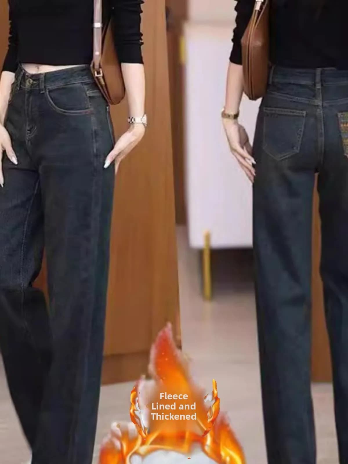 Jeans a gamba dritta a vita alta in pile spesso, pantaloni in denim premium da donna, nuovo stile autunno inverno, taglie forti