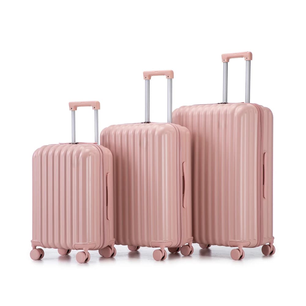 Set di 3 valigie con ruote girevoli in ABS da 20 pollici, 24 pollici e 28 pollici, con portabicchieri, porta USB e supporto per telefono, colore rosa.