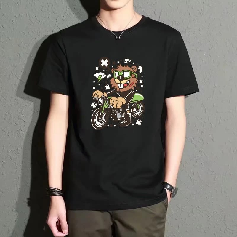 Men's Black Round-Neck Short-Sleeved T-Shirt with Cartoon Animal and Motorcycle Print, Loose-Fitting Top, Street Fashion, Casual and Versatile, Comfortable and Breathable for Everyday Wear