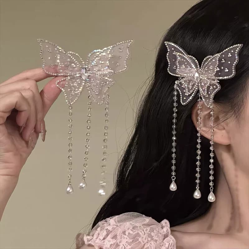 New Chinese style pink butterfly tassel hair clip, women's sweet ancient style Hanfu headwear, side clip