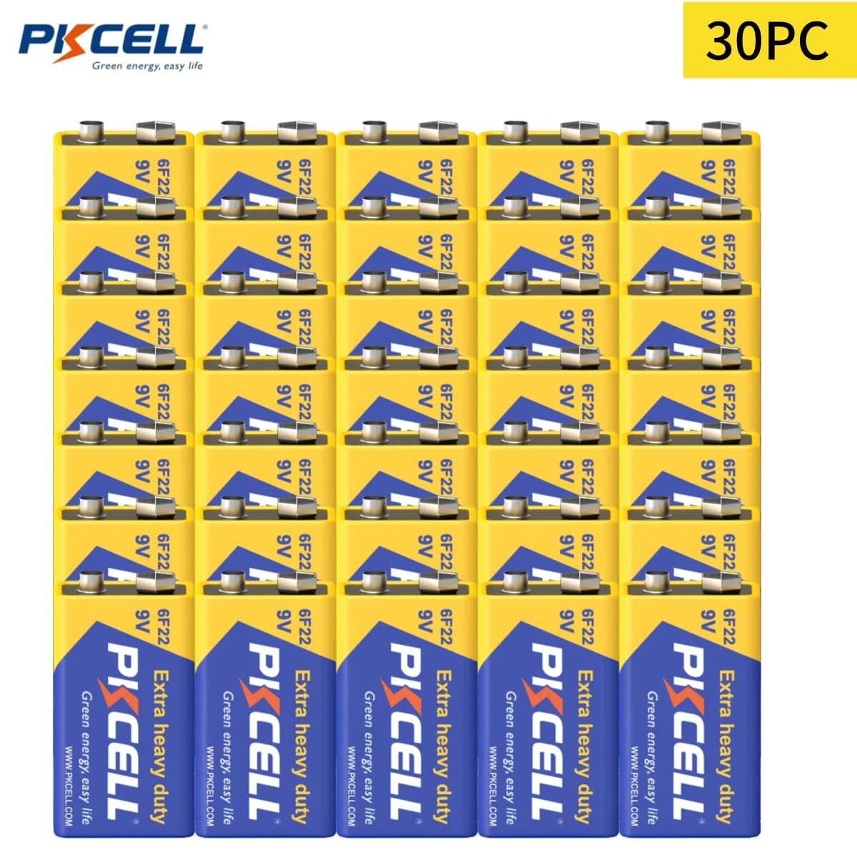 PKCELL 30 conteggi batterie PP3 in zinco-carbonio da 9 Volt PP3 resistenti 6F22 MN1604 EN22 Batteria da 9 V a prova di perdite per rilevatori di fumo