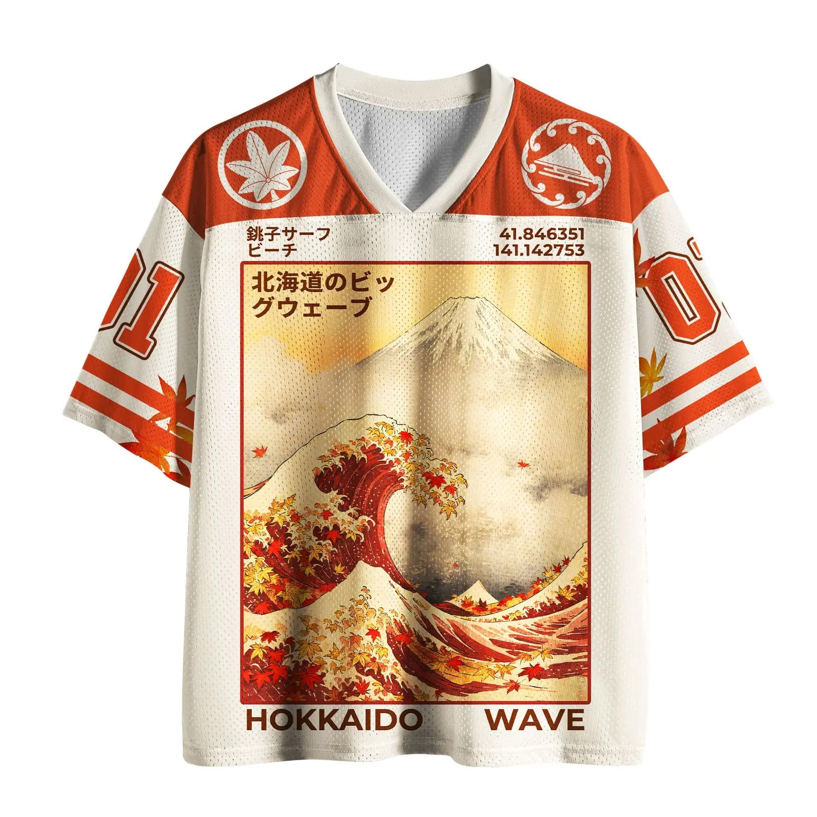 Maglia Sportiva Oversize con Scollo a V Stile Streetwear, Stampa Artistica Foglia d'Acero Giapponese, Motivo Ukiyo-e Onda di Hokkaido e Monte Fuji, in Tessuto a Rete
