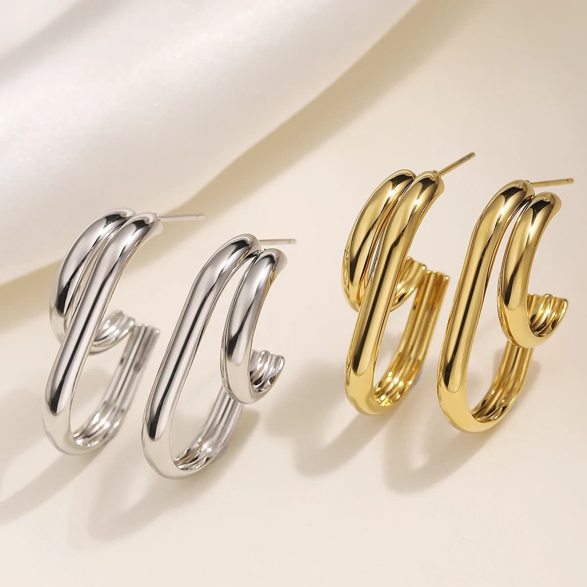 316L Stainless Steel Double Layer Hoop Earrings Dainty C Shape Stud Earrings Tarnish Resistant Daily Wear Jewelry