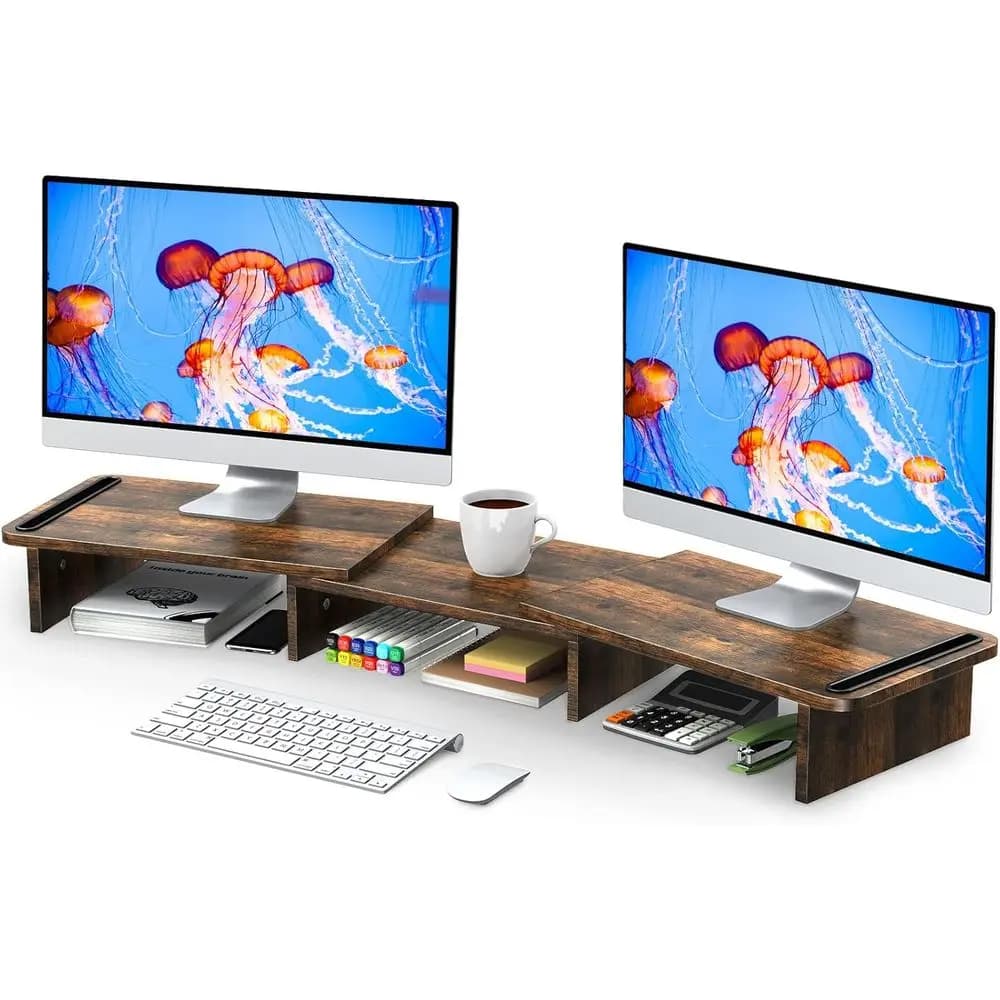 Supporto per Doppio Monitor, Altezza e Angolazione Regolabili, Scrivania in Legno, Supporto per Monitor con Spazio di Archiviazione (Grigio Ruggine Grande)