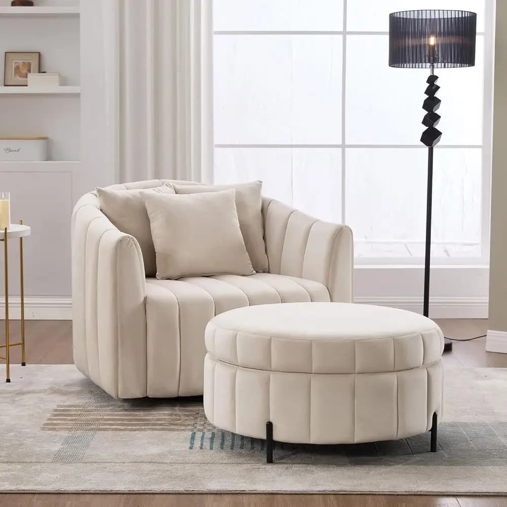 Velvet Swivel Chair Inspired by the Pumpkin with Pouf Container and 3 cushions, Accento Beige per Soggiorno